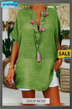 Womens Linen Tunic Tops Short Sleeve Loose Fitting Daily Casual Plain Button Up Basic Tops Bohemian Green Tops With Buttons, Bohemian Green Blouse With Buttons, Green Bohemian Blouse With Buttons, Green Buttoned Tops For Vacation, Green Tops With Buttons For Vacation, Green Vacation Tops With Buttons, Green Vacation Blouse With Button Closure, Green Blouse With Button Closure For Vacation, Green V-neck Blouse With Buttons