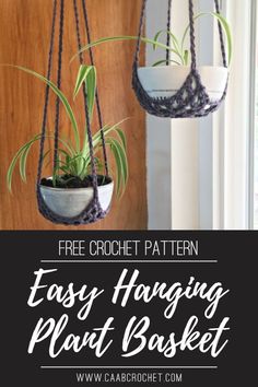 two hanging planters with plants in them and the text free crochet pattern easy hanging plant basket