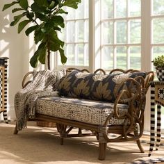 a living room filled with furniture next to a large potted plant on top of a table