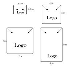 four square labels with the word logo on each side and two smaller rectangular tags in different sizes