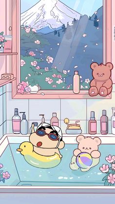 there are two teddy bears sitting in the bathtub and one is wearing sun glasses