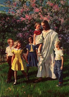 a painting of jesus walking with children in the grass and flowers behind him is an apple tree