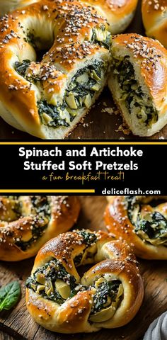 spinach and artichoke stuffed soft pretzels on a wooden cutting board