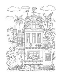 a drawing of a house with palm trees and flowers on the roof, in black and white