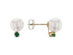 14K YELLOW GOLD 7-8MM CULTURED JAPANESE AKOYA PEARL AND EMERALD EARRINGS Yellow Gold Pearl Earrings With Gemstone, Green Round Classic Pearl Earrings, Stud Style, Emerald Earrings, Akoya Pearls, Jewelry Business, Cultured Pearls, Emerald, Yellow Gold