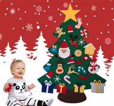 a baby sitting in front of a christmas tree