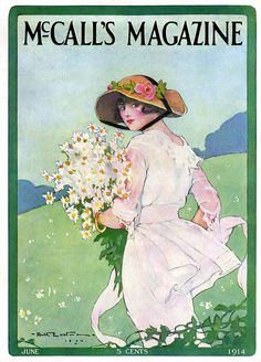 a woman in a white dress and hat with flowers on the cover of magazine macall's magazine