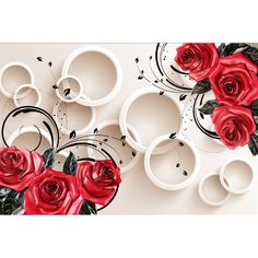 red roses and black leaves are arranged on the white paper with circles in the background