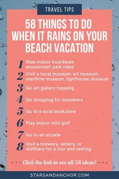 a pink sign that says travel tips when it rains on your beach vacation