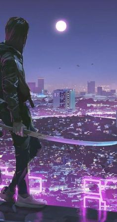 a man standing on top of a tall building next to a purple cityscape