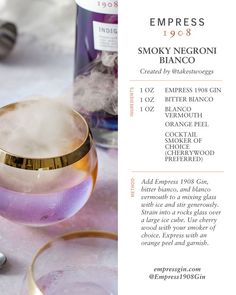 the menu for an empreess smoky sereroni branco cocktail