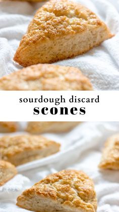 some scones that are sitting on top of a white towel with the words sourdough discard