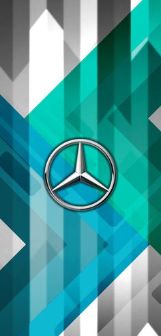 the mercedes logo is shown on an abstract background with blue, green and white squares