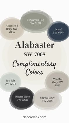 Complimentary Colors for Alabaster SW 7008 by Sherwin Williams.Harmonious color scheme Sw 7036 Accessible Beige, Accessible Beige Sw, Green Interior Paint, Guest Room Colors, Tricorn Black, Paint Color Combos, Beige Color Scheme, Home Paint Color, Greige Paint Colors