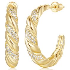 PRICES MAY VARY. 🥐Dress-Finishing Touch💕 The 14k gold hoop earrings for women, working on absolutely everybody, are premium gold yet light enough for all day comfort. These gold hoop earrings 14k gold plated hoop earrings for women will become your go-to hoops, accompanying you through your life with timeless style. 🥰Perfect 30mm Size for Versatility👩🏻 The 30mm diameter of our 14k karat gold hoop earrings offers a bold statement that's perfectly balanced for both casual and formal wear. Thi Glamorous Yellow Gold Hoop Earrings For Gifts, Luxury Gold Plated Hoop Earrings With Shiny Finish, 14k Gold Hoop Earrings With Shiny Finish As Gift, Gold Plated Filigree Hoop Earrings, Thick Gold Hoop Earrings, Thick Gold Hoops, Cubic Zirconia Hoop Earrings, Nickel-free Gold Alloy Hoop Earrings, 14k Gold Hoop Earrings