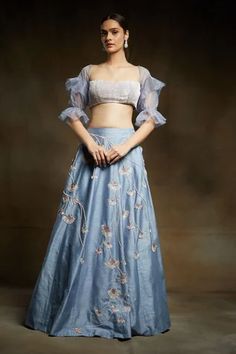 Shop for Masumi Mewawalla Blue Organza Blouse And Silk Lehenga Set for Women Online at Aza Fashions Peacock Couture, Embroidered Bustier, Lilac Blue, Organza Blouse, Blue Lehenga, Pink Peacock, Embroidered Lehenga, Lehenga Blouse, Half Skirt