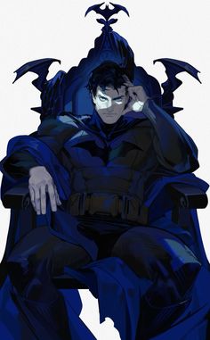 a man sitting on top of a blue chair with bats around his neck and hands behind his head