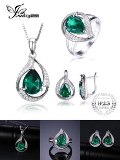 Emerald Jewelry Set, Bridal Jewelry Set, Pendant Earring, Silver Jewellery Sets, Ring Pendant Necklace, Emerald Jewelry, Bridal Jewelry Sets, Water Drop, Necklace Pendant