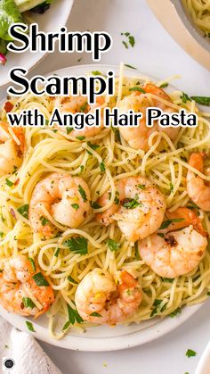 shrimp scampi with angel hair pasta on a plate