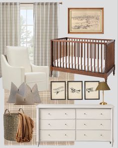 a baby's room with furniture and decor including a crib, dresser, chair, lamp, pictures, and other items