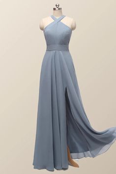 Halter Misty Blue Chiffon A-line Long Bridesmaid Dress Light Blue Fitted Chiffon Dress For Wedding, Fitted Light Blue Chiffon Dress For Wedding, Blue Floor-length Chiffon Bridesmaid Dress, Blue A-line Chiffon Wedding Dress, Blue Chiffon Bridesmaid Dress For Prom Season, Blue A-line Chiffon Dress For Wedding, Light Blue Bridesmaid Dress With Sweep Train, Flowy Blue Bridesmaid Dress, Glitter Prom Dress