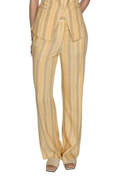 Variegated stripes and buttery hues animate these summery pants cut from a linen-kissed fabric. Zip fly with button closure Cotton lining 85% viscose, 15% linen Dry clean or machine wash, line dry Imported Elegant Striped Linen Bottoms, Chic Striped Linen Bottoms, Striped Linen Summer Bottoms, Striped Linen Bottoms For Summer, Striped Wide-leg Linen Pants, Striped Linen Wide-leg Pants, Yellow Linen Pants For Summer, Striped Linen Beach Pants, Striped Linen Bottoms For Spring