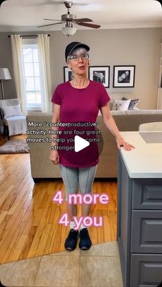 an older woman standing in front of a kitchen island with the words 4 more you on it