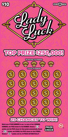 the poster for lady luck's top prize $ 350, 000 in front of a pink background