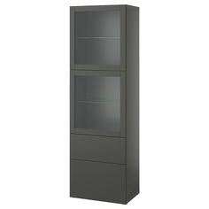 a tall gray cabinet with two glass doors