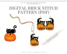 the digital brick stitch pattern for halloween pumpkins with cats hanging from them, on a white background