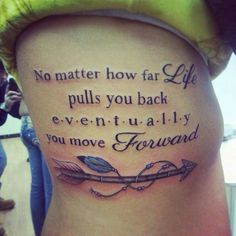 a woman's lower back with an arrow and quote on the side of her leg