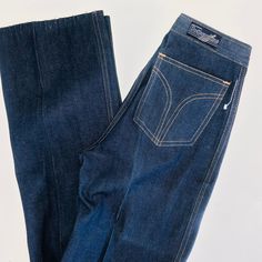 70's Vintage deadstock youth girls high waisted relaxed slim straight leg jeans by Bottom Line California. Contrasting gold stitching. Strong sturdy denim. Dark indigo wash. Youth Size 24" x 34" Waist: 24" Hip: 34" Rise: 10" Inseam: 34 (unhemmed) Never been worn!  Sporty, retro, hippie, color block, supergraphic, western, frontier, workwear Western Frontier, Vintage Wash Jeans, Workwear Jeans, Jean Vintage, 80s Outfit, Print Denim, Dark Indigo, Girls High, Straight Leg Denim