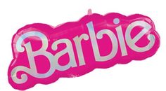 a pink balloon with the word barbie printed on it's side, in front of a white background