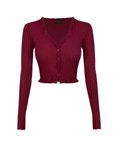 Button down (four buttons) Ultra stretch V-neck Ruffled seams Frilled wrists Big, thick ribbing True to size Cropped fit Spare button included 49% Viscose 28% Polyester 23% Nylon Wine Top, Neck Ruffle, Nightwear, No Frills, Knit Top, V Neck, Wardrobe, Knitting, Dresses