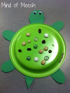 a green turtle shaped plate sitting on top of a table