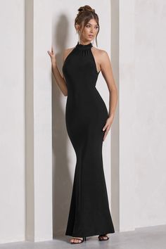 Malika Black Sleeveless Halter-Neck Maxi Dress – Club L London - USA Figure Sculpting, Midi Bridesmaid Dress, Velvet Prom Dress, Sleek Bun, Halter Neck Maxi Dress, Hacks Clothes, Fishtail Skirt, Black Tie Gala, Party Dress Long Sleeve