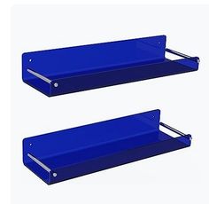 two blue shelfs with handles on each side