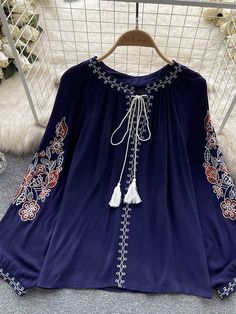 Description DescriptionSPU:WSH200667Material:Cotton BlendPattern Type:FlowersSleeve Type:Long sleeveStyle:Commute/Casual/Simplicity/VacationNeckline:Round neckProcess:EmbroideryTheme:Spring/Summer/AutumnThickness:ModerateElasticity:No elasticityOccasion:Daily/Indoor/Outdoor/Office/VacationFit:LooseSize:均码*The item does not include any accessories in the picture. unless stated otherwise in the product description.Size chartSizeBustLengthCMINCHCMINCHOne-Size90~11435.43~44.886023.62 Casual Long Sleeve Embroidered Blouse, Embroidered Long Sleeve Summer Blouse, Summer Long Sleeve Embroidered Top, Navy Long Sleeve Summer Top, Navy Long Sleeve Blouse For Summer, Navy Long Sleeve Summer Blouse, Navy Long Sleeve Cotton Blouse, Blue Embroidered Shirt For Fall, Long Sleeve Embroidered Blouse