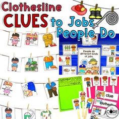 clothesline clues to jobs people do with pictures on clotheslines and pegs in the background