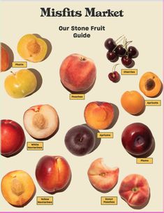 a poster with different fruits and their names on it's side, including peaches, plums, cherries, apples, and nectarines