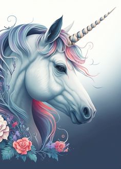 a white unicorn with pink flowers on its mane