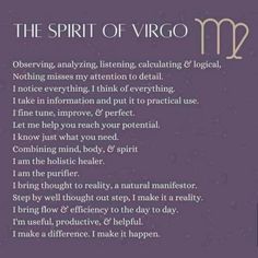 the spirit of virgo zodiac sign is shown on a purple background with black and white writing