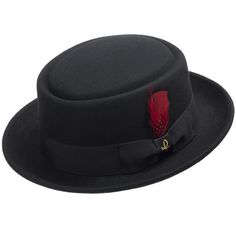 The classic pork pie hat, remade for today's man. 100% wool felt construction, with a genuine feather accent, and the quintessential flat top and circular indentation that sets this style apart. Riff is just the topper needed for an evening out at the billiard hall, or drinks at the speakeasy. Be the center of attention at a party, or catch a concert zoot-suit style, and let your attitude shine. Dance to your own tune andmake your statement. Mens Dress Hats, Mens Dress Outfits, Zoot Suit, Classic Jazz, Pork Pie Hat, Wardrobe Wishlist, Pork Pie, Fancy Hats, Leather Hats