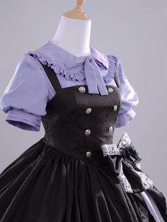 Embrace the kawaii aesthetic and sweet Lolita fashion with this intricately designed dress full set, perfect for cosplay events, conventions, and themed parties.  This price is for a dress, a shirt, an eye patch, a bowknot at the waist, a pair of stockings, and a bandage on the arm.  Shirt   	 		 			Size 			S 			M 			L 		 		 			Shoulders 			37 			38.5 			40 		 		 			Sleeve Length 			22 			23 			24 		 		 			Bust 			88 			92 			96 		 		 			Waist 			71 			75 			79 		 		 			Full Length 			55 			56.5 Purple Black Outfit Ideas, Kawaii Short Sleeve Dress For Costume Party, Cute Fitted Dresses For Cosplay Events, Cute Costume Dress For Cosplay Events, Fairy Kei Short Sleeve Dress For Costume Party, Fitted Harajuku Style Fancy Dress, Fitted Harajuku Style Dress For Fancy Occasions, Kawaii Fitted Costume Dress, Kawaii Short Sleeve Costume Party Dress