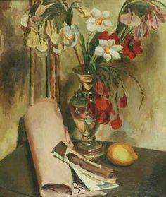 a painting of flowers in a vase on a table next to a stack of books