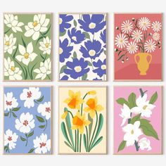 four square paintings with flowers in them