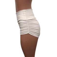 Sexier and more flattering! Our classic booty shorts made in white embossed mandala (textured) spandex with ruching on each side. Made to flatter your figure and move with you. The standard inseam is 2.5" - but can be customized. Choose between low-rise, mid-rise and high-waist (high-waist shown in photos). Please note - white fabrics are always a little sheer. Stretch Bottoms With Ruched Sides, White Bottoms With Wide Waistband, Fitted White Athletic Shorts, White Fitted Athletic Shorts, Fitted High Waist White Shorts, White Ruched Bottoms For Summer, Casual Ruched Shorts, High Waist Stretch Bottoms With Ruched Sides, Fitted White Bottoms With Elastic Waistband