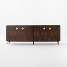 the sideboard is made out of wood and has two brass knobs on it