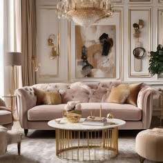 an elegant living room with pink couches and gold accents, chandeliers and paintings on the wall