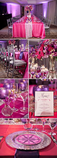 the table is set with pink and purple flowers